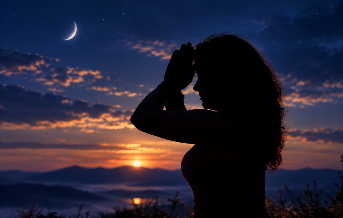 Silueta ženy s rukama u čela proti svítání nad krajinou